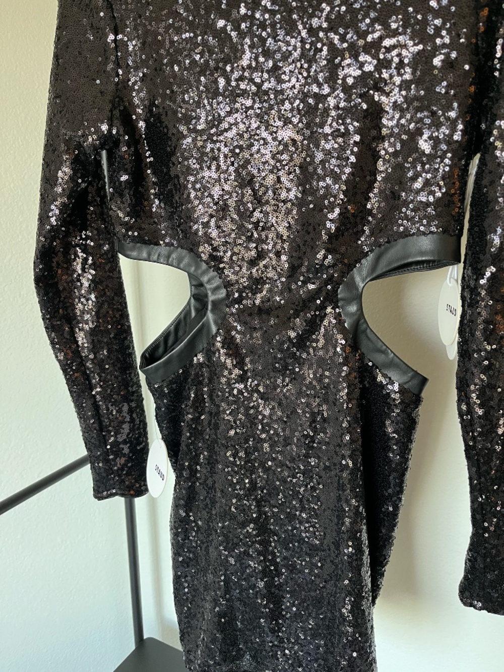 NWT STAUD | Dolce Long Sleeve Sequin Cutout Mini Dress in Black | Size Large - Picture 5 of 11